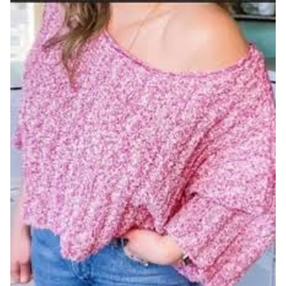 Free People Good Day Pullover pink white knit sweater boxy oversized fit small